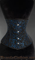 Women's black and blue brocade waspie underbust corset