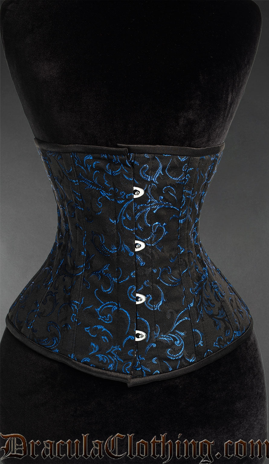 Women's black and blue brocade waspie underbust corset