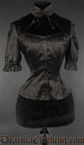 Black satin short sleeved women's blouse with high collar and keyhole chest opening