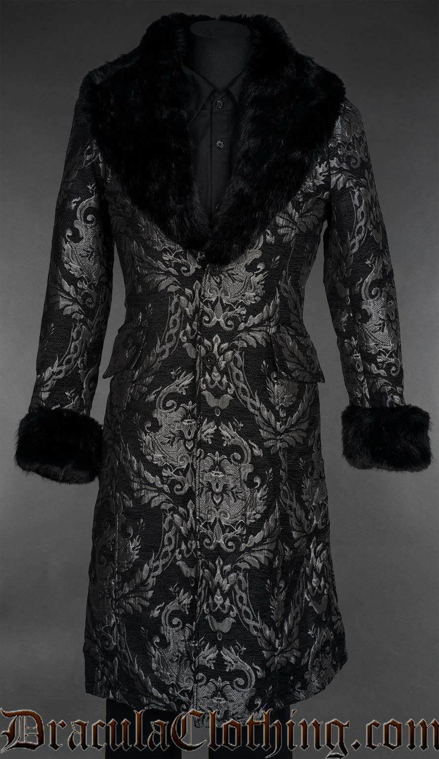 Silver Chenille Brocade Regent Faux Fur Coat