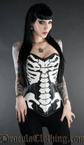 Black faux leather full body overbust corset with white skeleton bone design