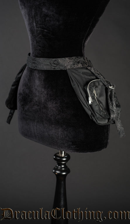 Skirt pocket belt made with cotton and brocade fabric in black