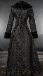 Back view of women's black skull brocade coat with faux fur accents showing adjustable corset style lacing in the torso
