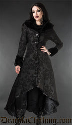 Model wearing women's black skull brocade high low coat with satin lining and ruffled trim along the hem
