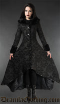 Women's thick black button up high low coat with black skull brocade pattern faux fur collar and sleeve cuffs
