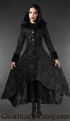 Women's thick black button up high low coat with black skull brocade pattern faux fur collar and sleeve cuffs