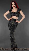 Flared high waisted women's velvet pants with a printed ornate sphinx cat on a black background