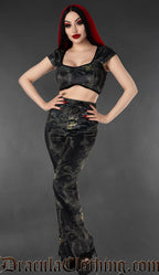 Flared high waisted women's velvet pants with a printed ornate sphinx cat on a black background