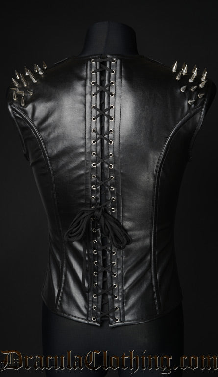 Back view of men's faux leather spiked v-shaper showing adjustable corset lacing in the back