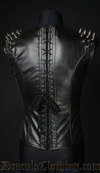 Back view of men's faux leather spiked v-shaper showing adjustable corset lacing in the back