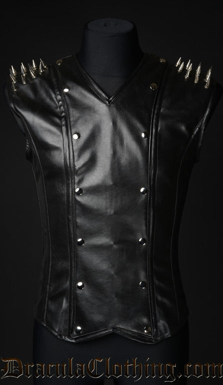 Front view of men's faux leather v-shaper showing two rows of silver popper buttons on either side