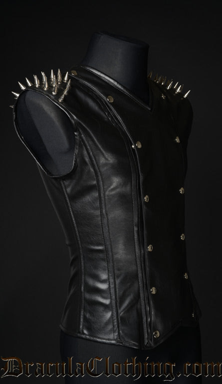 Men's v-shaper made with black faux leather and silver coloured spike studs on the shoulders