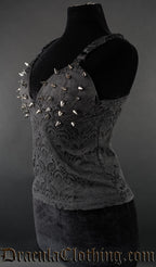 Side view of black brocade spiked bust blouse top for women