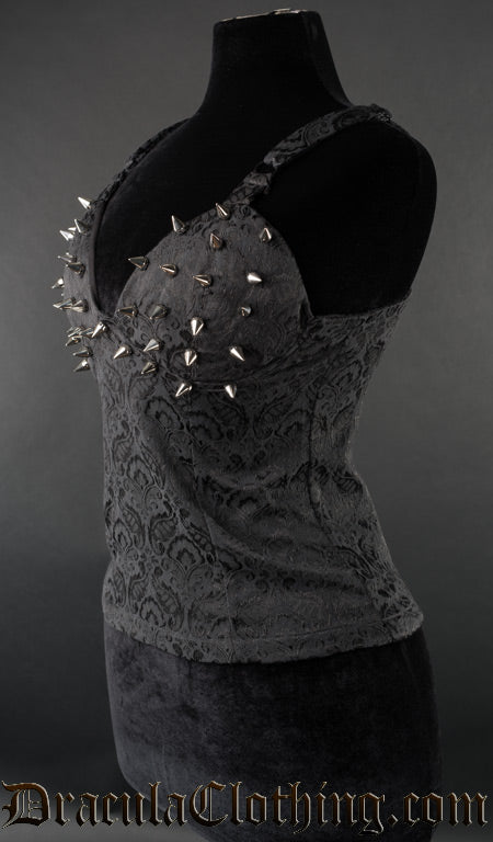 Side view of black brocade spiked bust blouse top for women