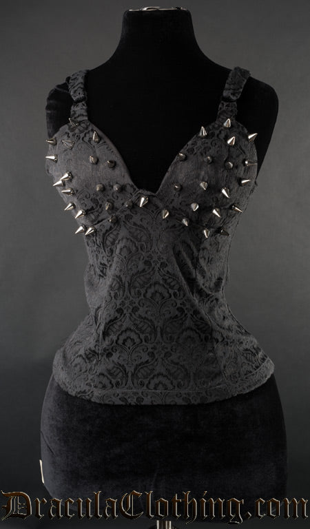 Women's black brocade sleeveless blouse top with silver spikes on the bust