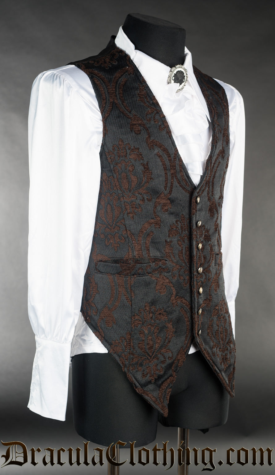 Side view of black and brown long vest showing front forked design and pockets