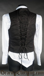 Back view of men's long vest showing shorter black cotton back and adjustable lacing