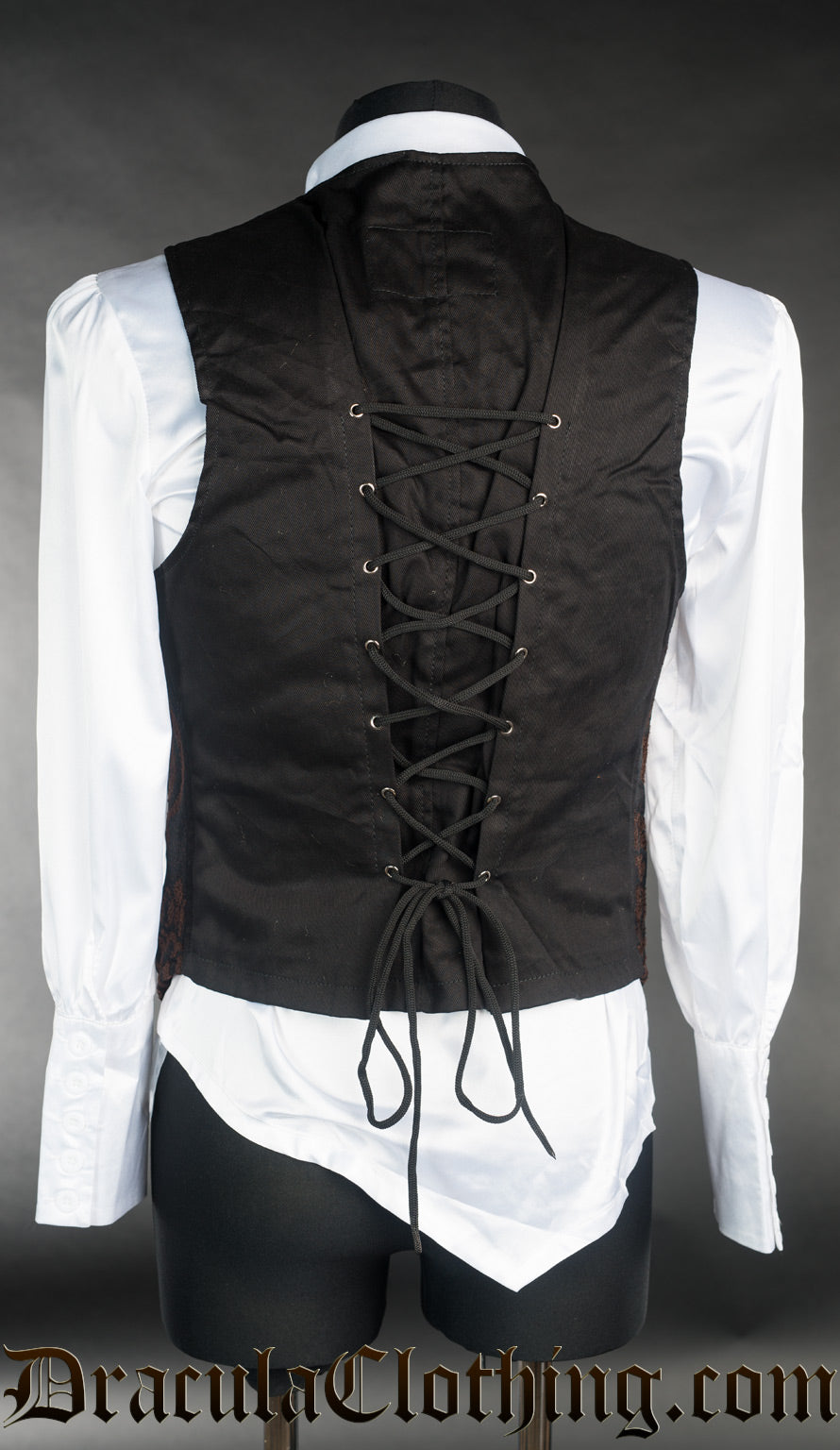 Back view of men's long vest showing shorter black cotton back and adjustable lacing
