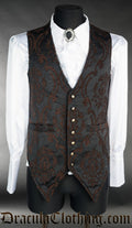 Men's black and brown jacquard vest with gold buttons
