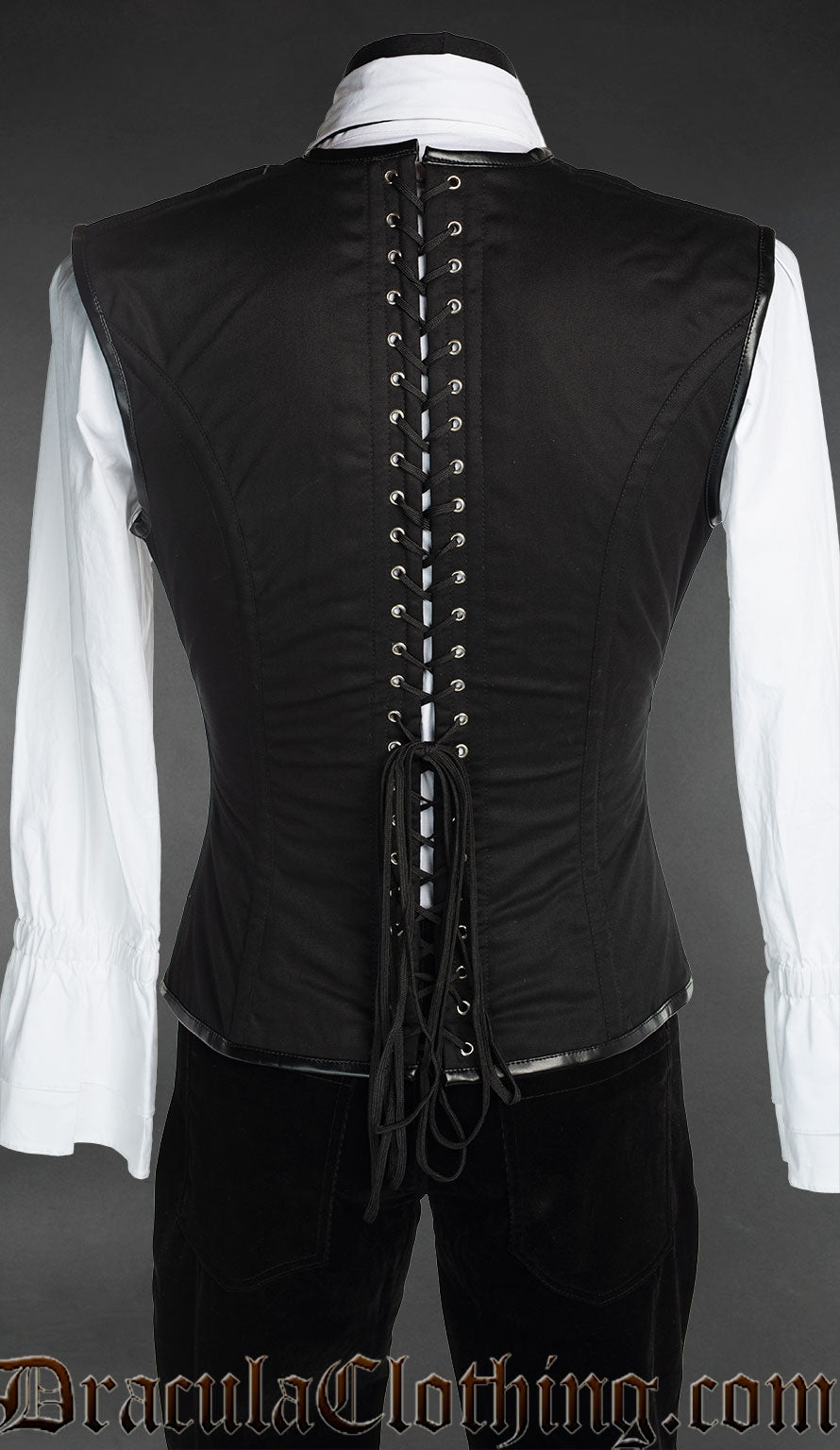 Back view of men's steampunk cotton corset vest showing adjustable lacing