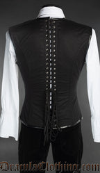 Back view of men's steampunk cotton corset vest showing adjustable lacing