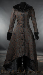 Women's high low coat made from black and brown brocade in a damask pattern with faux fur and satin details