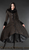 Women's high low brown and black damask patterned brocade coat with satin lining and faux fur accents