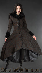 Women's high low brown and black damask patterned brocade coat with satin lining and faux fur accents