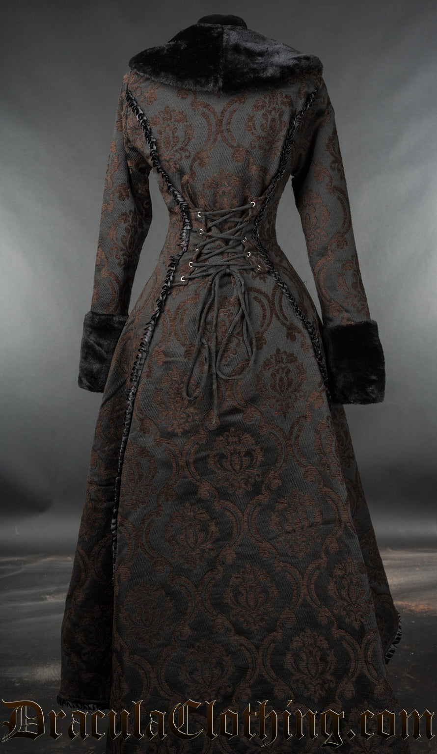 Back view of black and brown women's brocade coat showing adjustable corset style lacing on the back