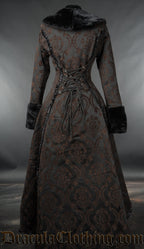 Back view of black and brown women's brocade coat showing adjustable corset style lacing on the back