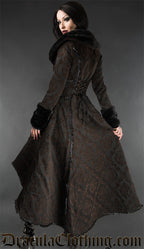 Model showing back of brown and black women's high low coat with black faux fur accents and adjustable back lacing