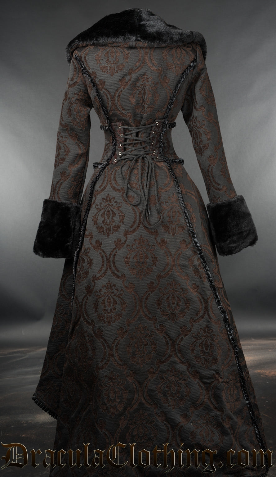 Back view of women's brown and black winter coat showing adjustable corset style lacing in the back