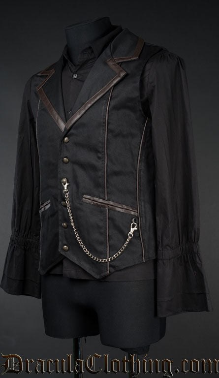 side view of men's black cotton and brown faux leather vest
