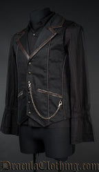 side view of men's black cotton and brown faux leather vest