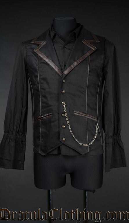 Black cotton men's vest with brown faux leather accents and removable chain