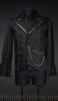 Black cotton men's vest with brown faux leather accents and removable chain