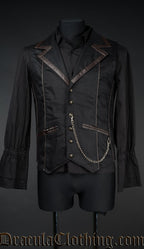 Black cotton men's vest with brown faux leather accents and removable chain