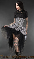 Model wearing black and white striped corset with bustle skirt attachment and clasp closure