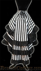 Back view of women's black and white striped layered skirt showing adjustable corset-style lacing in the back and black hem trim on three layers