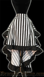 Black and white women's layered bustle skirt shown with front lowered