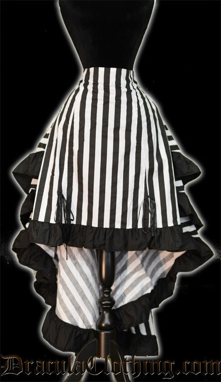 Black and white women's layered bustle skirt shown with front lowered