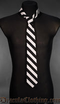 Black and white striped gothic necktie displayed on a mannequin against a gray background