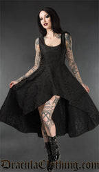Women's black brocade cotton dress with high low hem as seen on a model