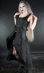 Sleeveless high low women's black brocade dress shown with the additional onyx skirt pockets product