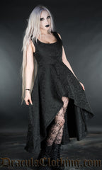 Women's sleeveless gothic black dress with high low hem and woven brocade fabric