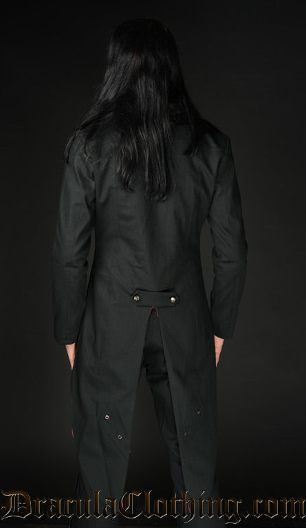 Back view of men's black tailcoat jacket showing half belt with decorative buttons