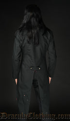 Back view of men's black tailcoat jacket showing half belt with decorative buttons