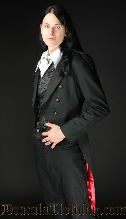 men's black tailcoat jacket with red satin lining and button closure