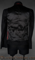 Back view of men's tartan vest showing black satin back and adjustable strap