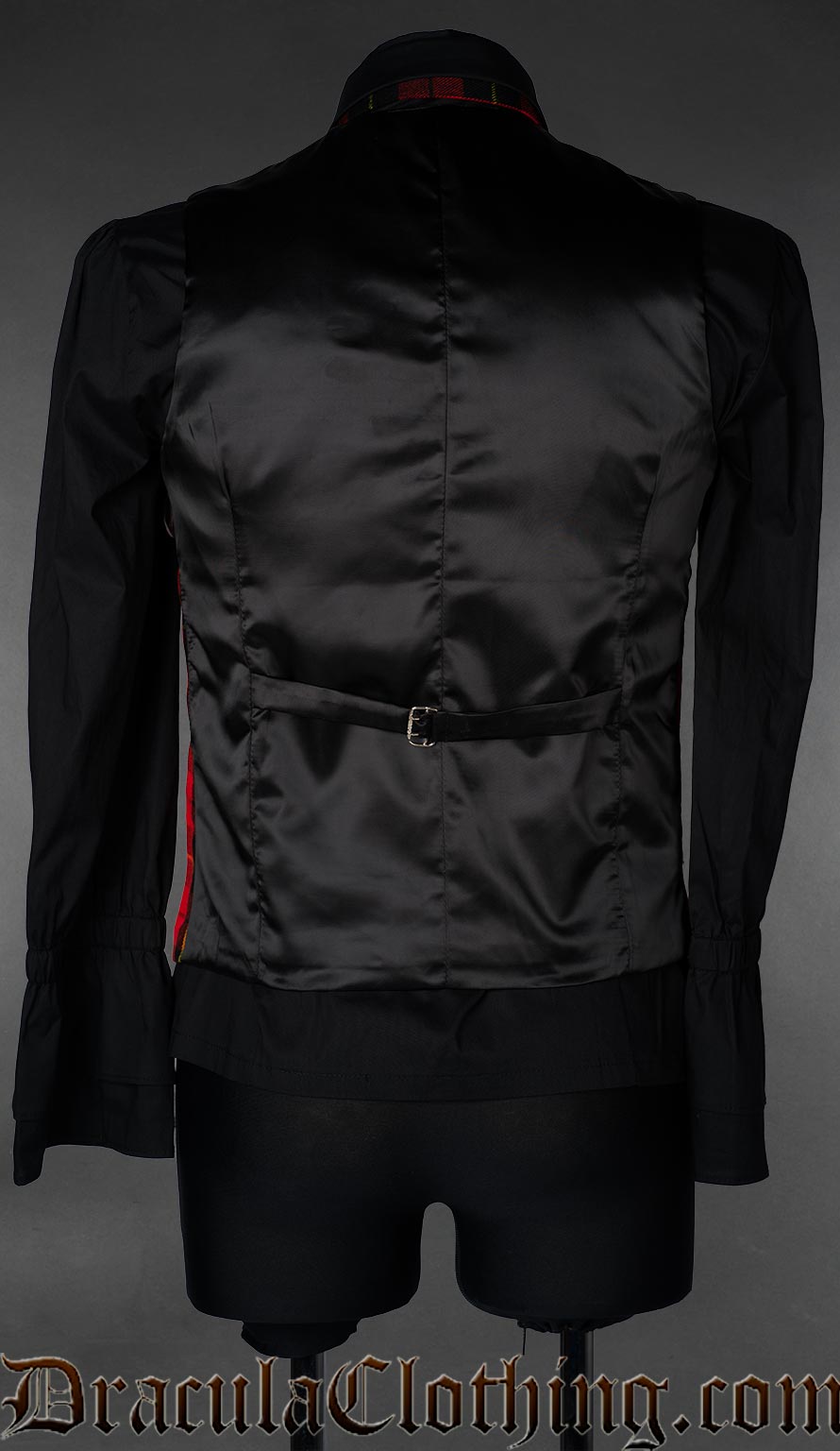 Back view of men's tartan vest showing black satin back and adjustable strap